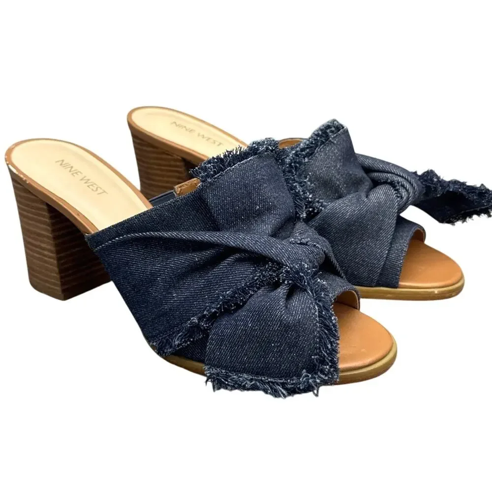 Nine West Byron Denim Fringe Bow Slide Block Heel Sandals Women 10